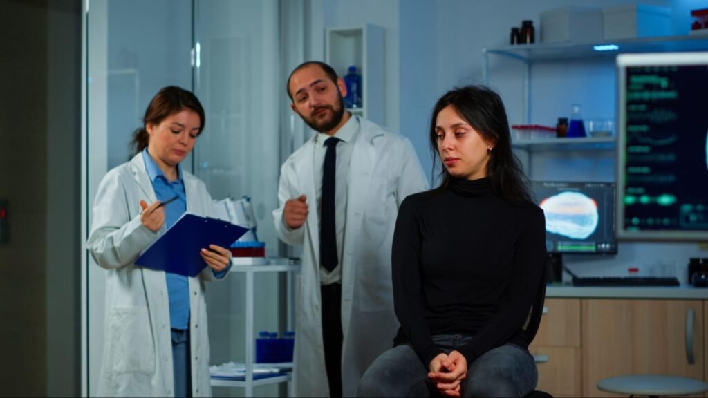Fertility specialist explaining IVF options to parents